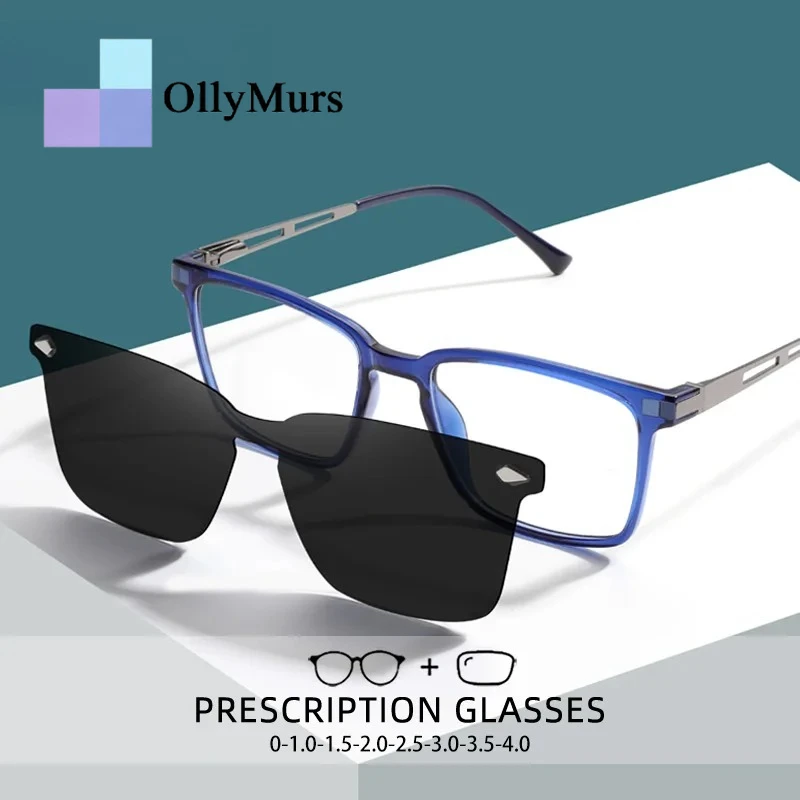 ollymurs-クラシックマグネットクリップオン老眼鏡男性用偏光サングラス抗青色光近視遠視処方メガネ
