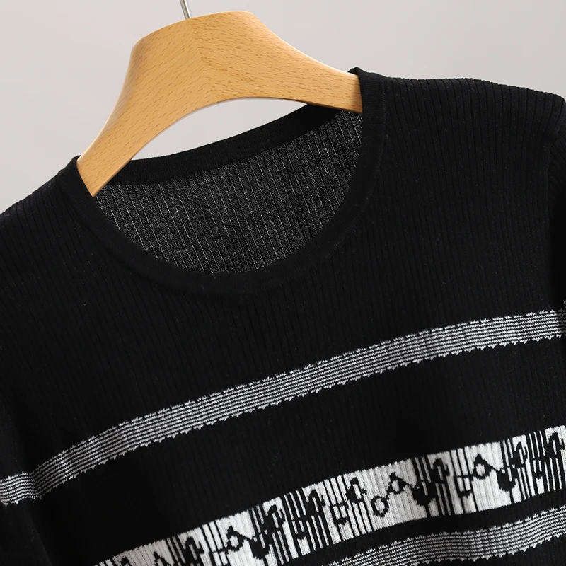 Faionable Knitted Base Layer Top round Ne Striped Embroidery Women's Winter Clothing Breathable Comfortable Long Sve S...