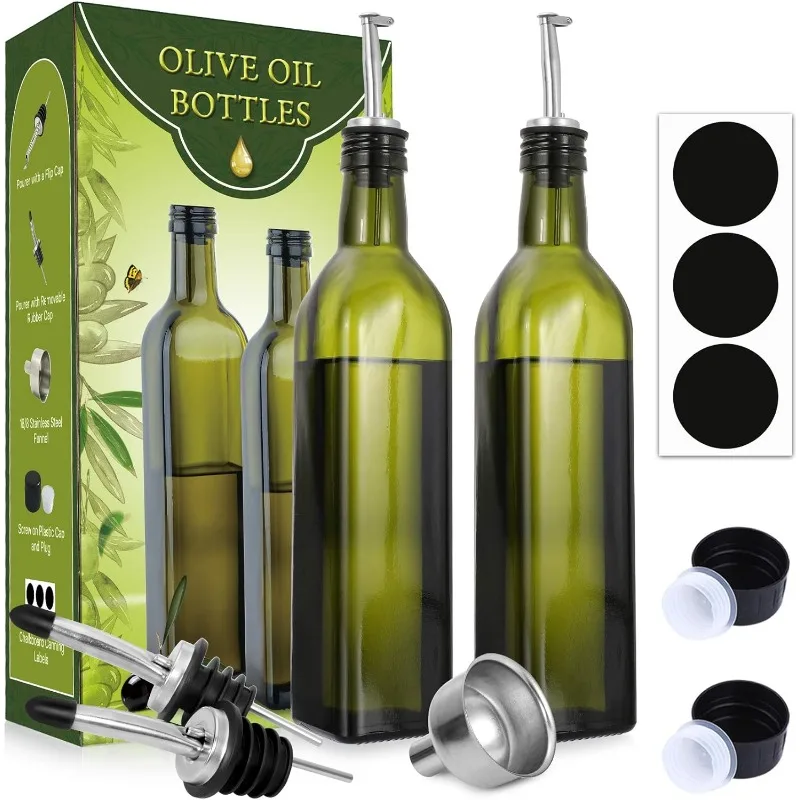 

[2 PACK] 17 oz Glass Olive Oil Dispenser Bottle Set - 500ml Dark Green Oil & Vinegar Cruet Bottle with Pourers