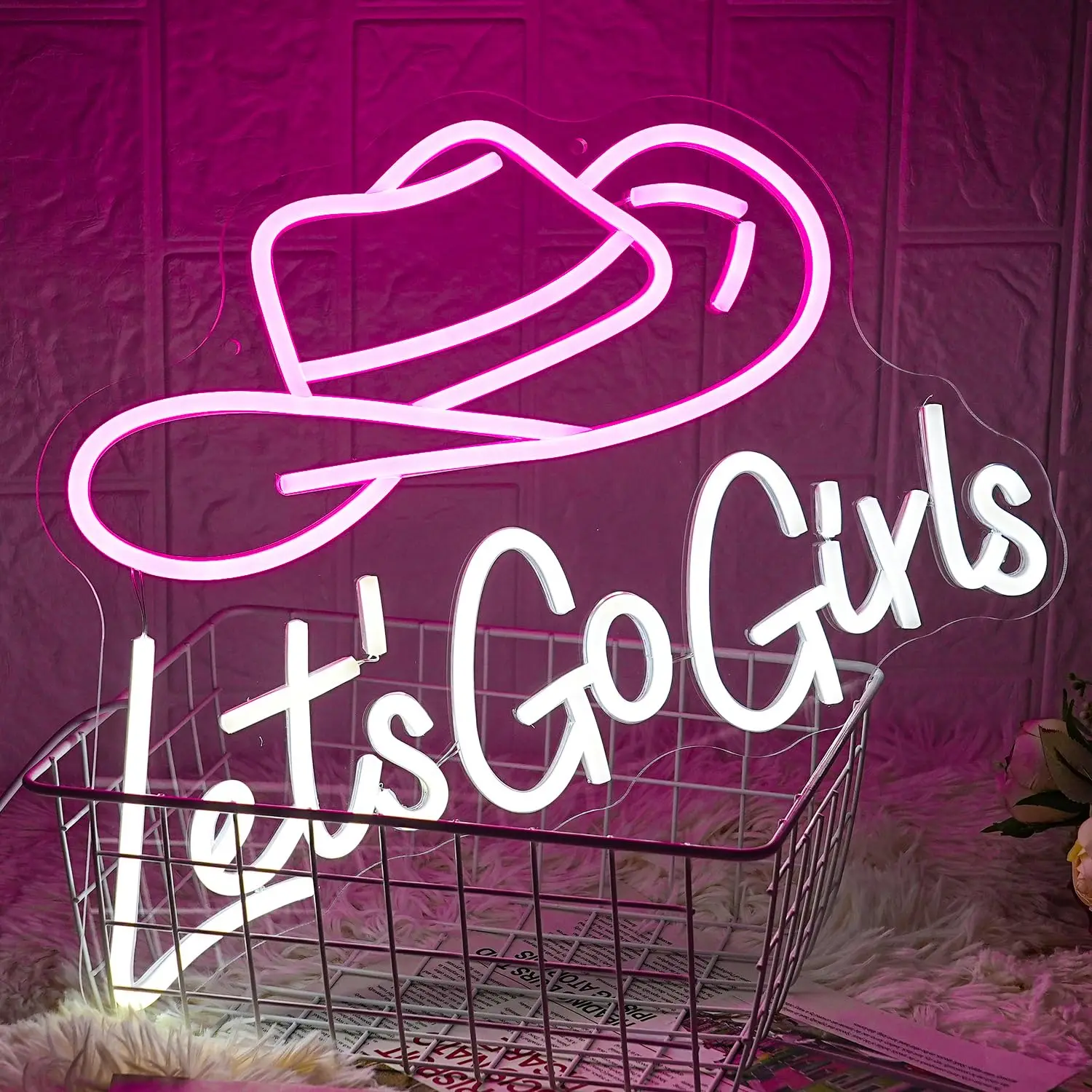 Let's Go Girls Neon Sign Pink White Cowboy Hat Neon Signs Letter Led Light up Cowboy Hat Neon Sign Wall Decor Dimmable USB