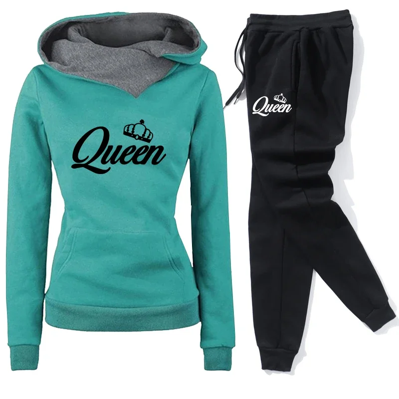 Autumn Winter Popular Womens Tracksuit Warm Hooded Sweatshirts+Jogging Pants 2 Piece Set Queen Printing Outfits Casual Clothing