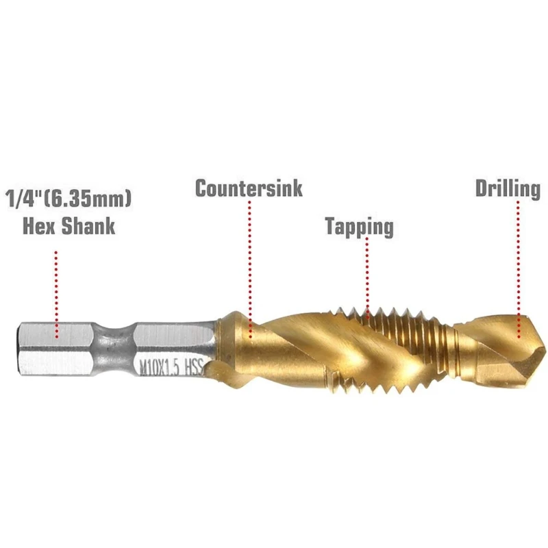 Brocas de grifo métrico de rosca de tornillo de vástago hexagonal, máquina de tornillo, taladro compuesto, M3, M4, M5, M8, M10, herramientas manuales