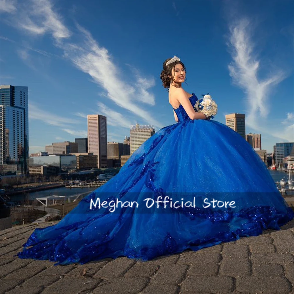 Messico Royal Blue Sweetheart Abiti Quinceanera Abito da ballo Perline Paillettes Abito da principessa Abito da festa di compleanno Mezza manica Personalizzato