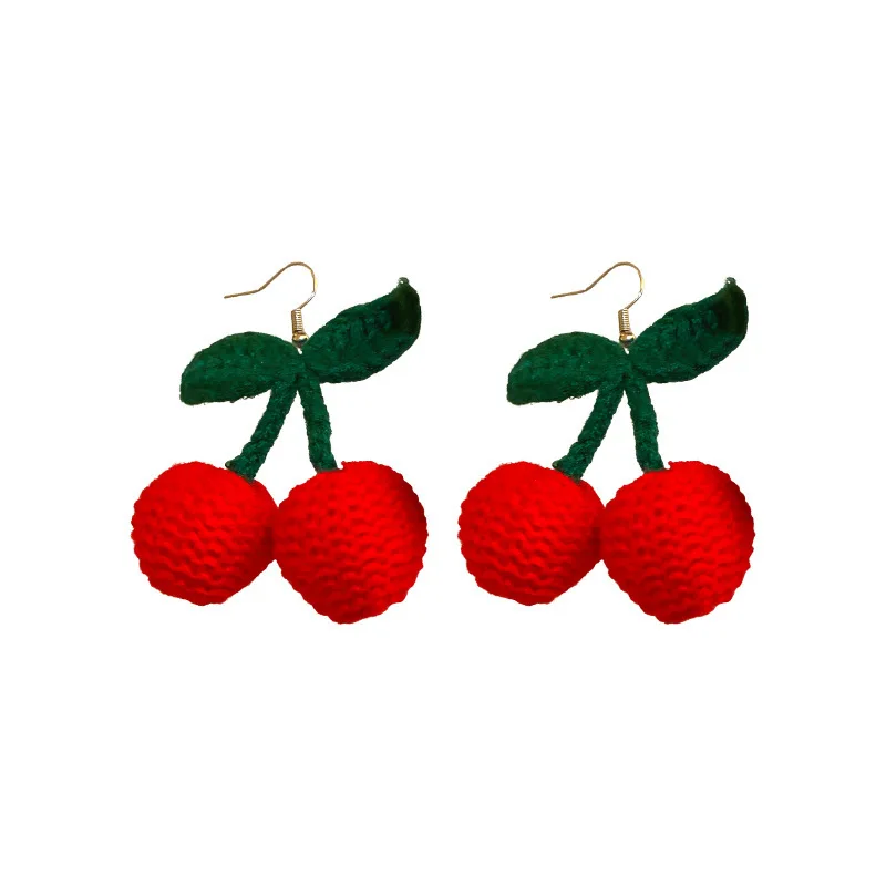 New Sweet Summer Red Knit Cherry Fruit Fashion Long Ear Nail Earrings Fashion Anime Earring For Women Party Jewelry