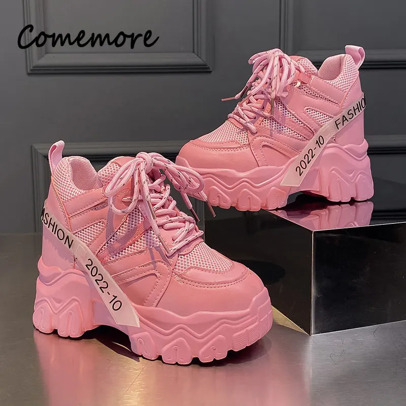 Comemore Women Sneakers Chunky Breathable Mesh Casual Shoes Platform Wedge Heels Sports Pink Shoe 2023 New Spring Autumn Fashion