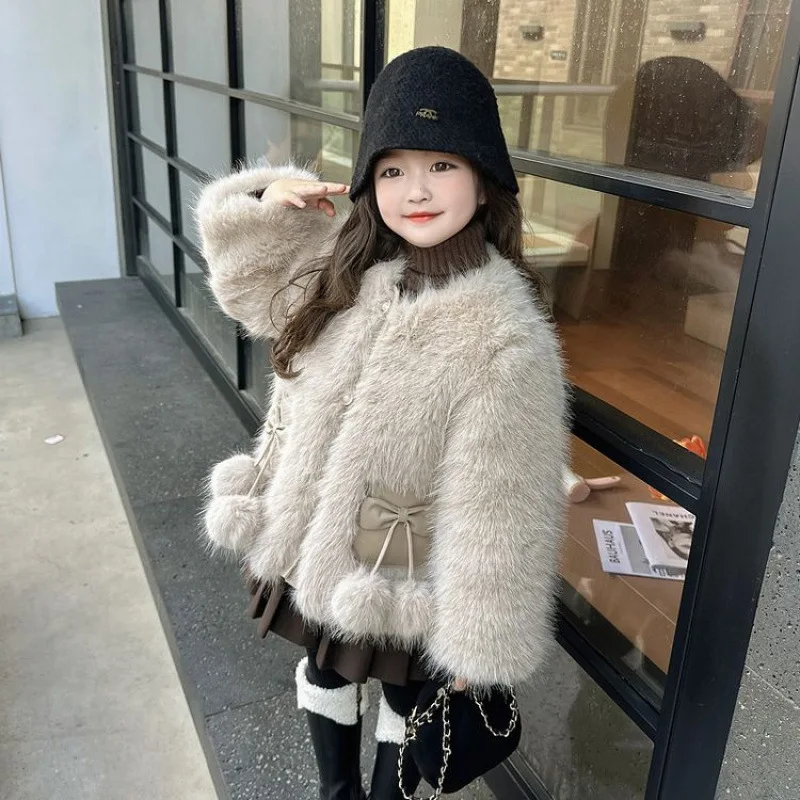 الفتيات 2025 معطف جلد الخريف الشتاء سميكة شعر ملابس الطفل شتاء دافئ الكورية نمط قصير مزاجه معطف #4