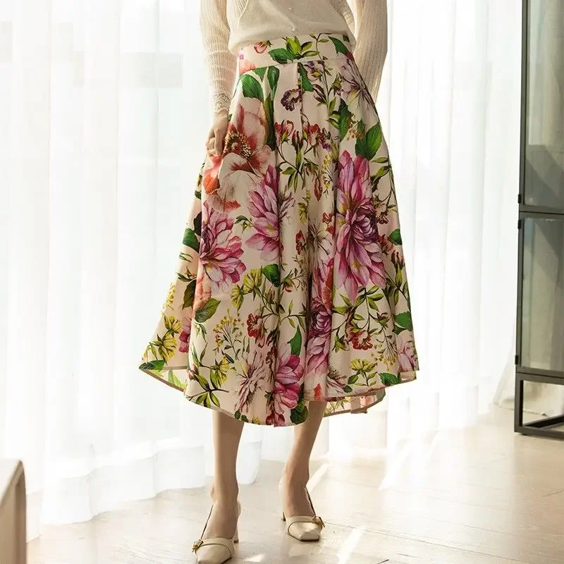 

Elegant Fashion Loose Floral Print Skirt Korean Vintage Female High Waist Pleated Skirt Summer Trend Women's Clothing P115