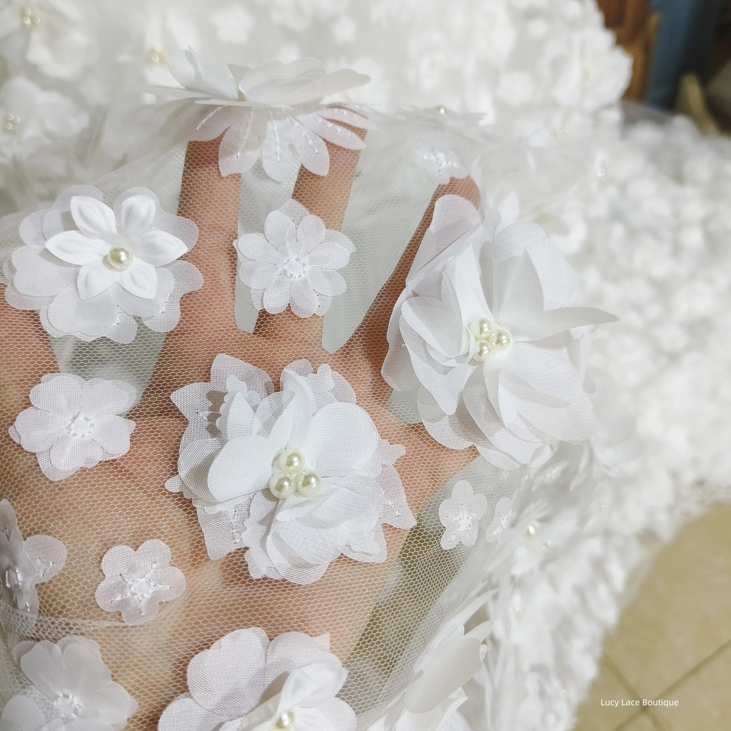 1 Meter price 3D Florals Allover Off White Tulle Mesh Beading Lace Fabric Gowns Material Luxury 125CM Wide 2025 NEW