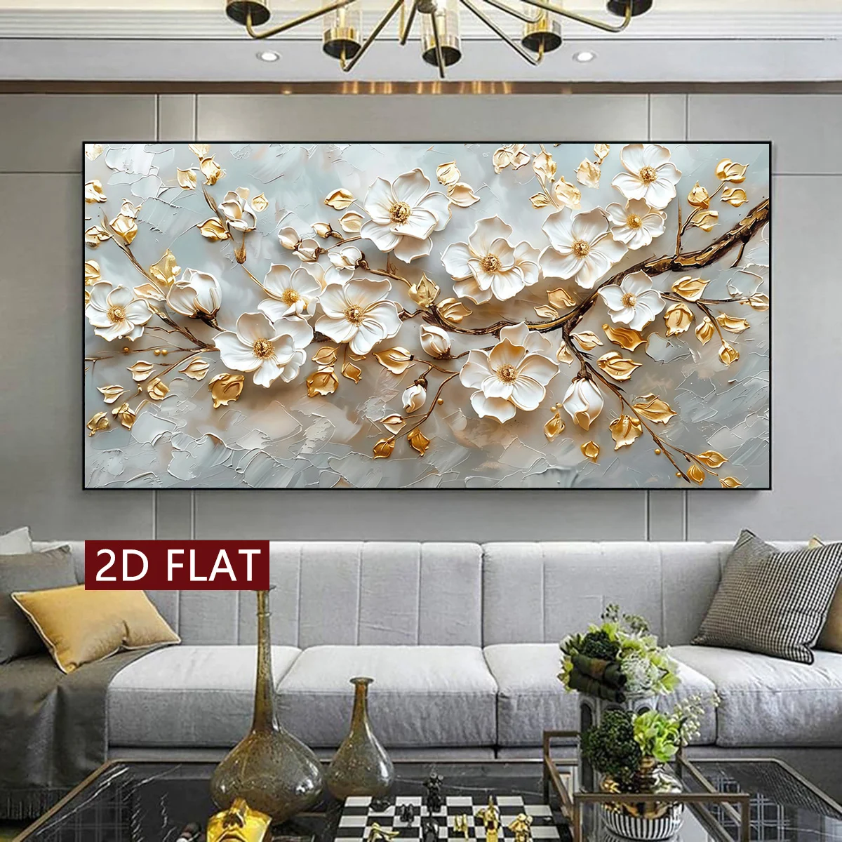 1pc Modern White and Golden Magnolia Flower Branch Wall Art Canvas Prints for Living Room Botanical Painting Home Decor 2D Flat