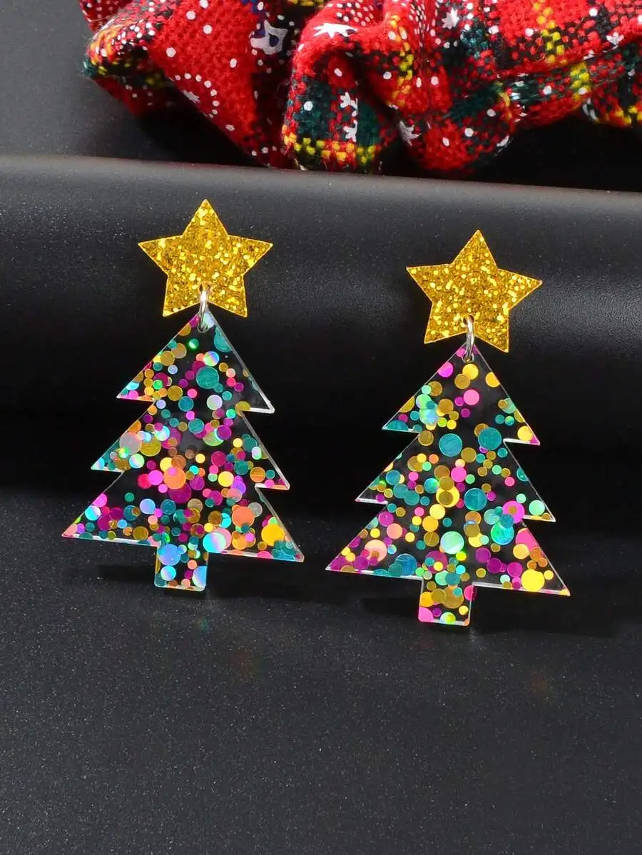 1pair Sparkling Colorful Sequin Star Christmas Tree Dangle Earrings, Festive Holiday Jewelry for Women, Lightweight Party Accessory, Perfect for Christmas, New Year, Winter Festivals & Daily Dress-Up, Great Gift Idea