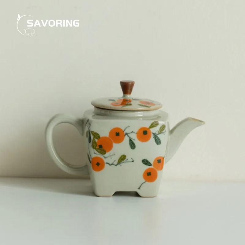 Pure Hand Painted Persimmon Puer Kettle Tea Pot Brewing Kettle Teapot for Tea Infusers Jasmine Tea Jug Wuhan Water Infuser Pots