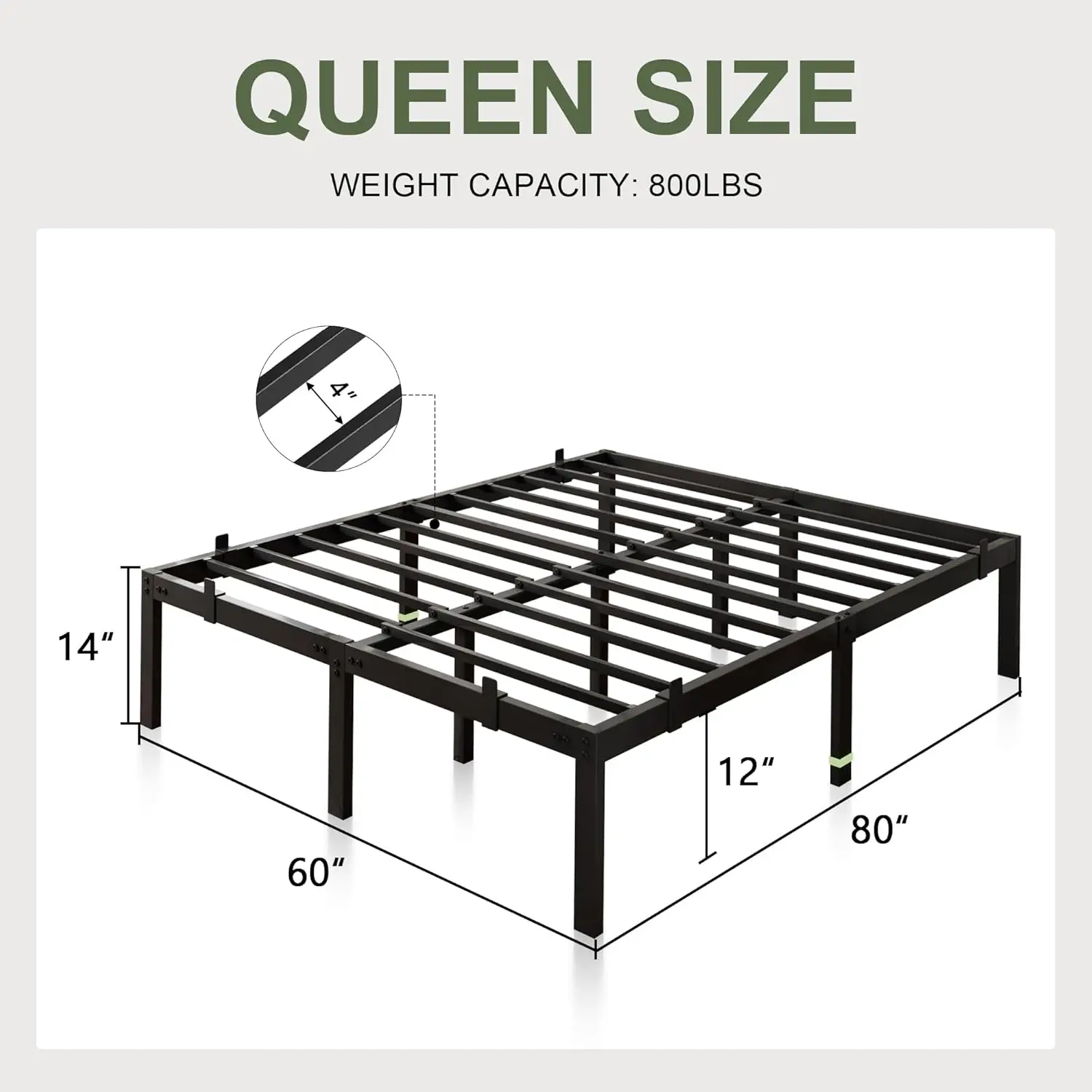 Feonase Queen Size Metal Bed Frame, 14 Inch Platform Bed With 6 Non-Slip Mattress Gaskets, Heavy Duty Steel Slat Support,