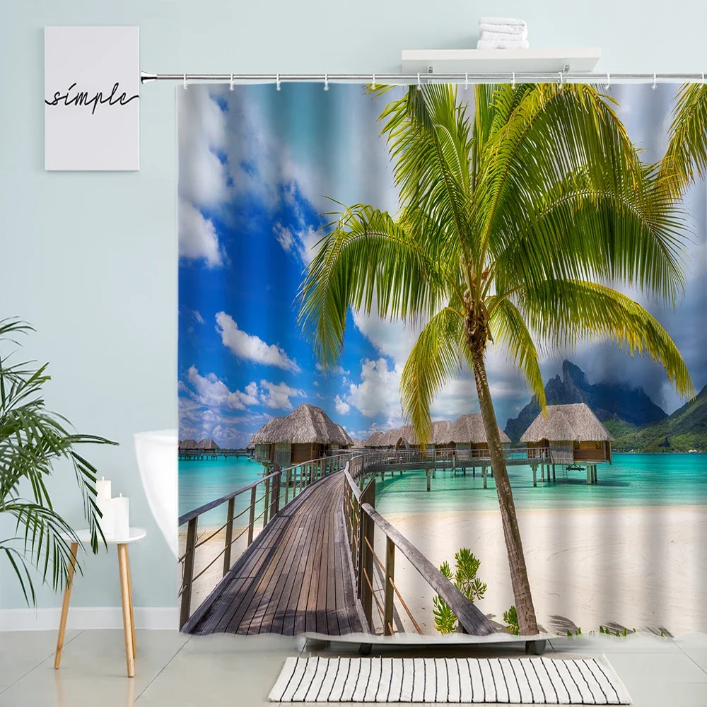 Ocean Shower Curtains Tropical Island Palm Trees Clear Sea Beach Theme Print Fabric Bathroom Decor Set with Hooks Turquoise Blue