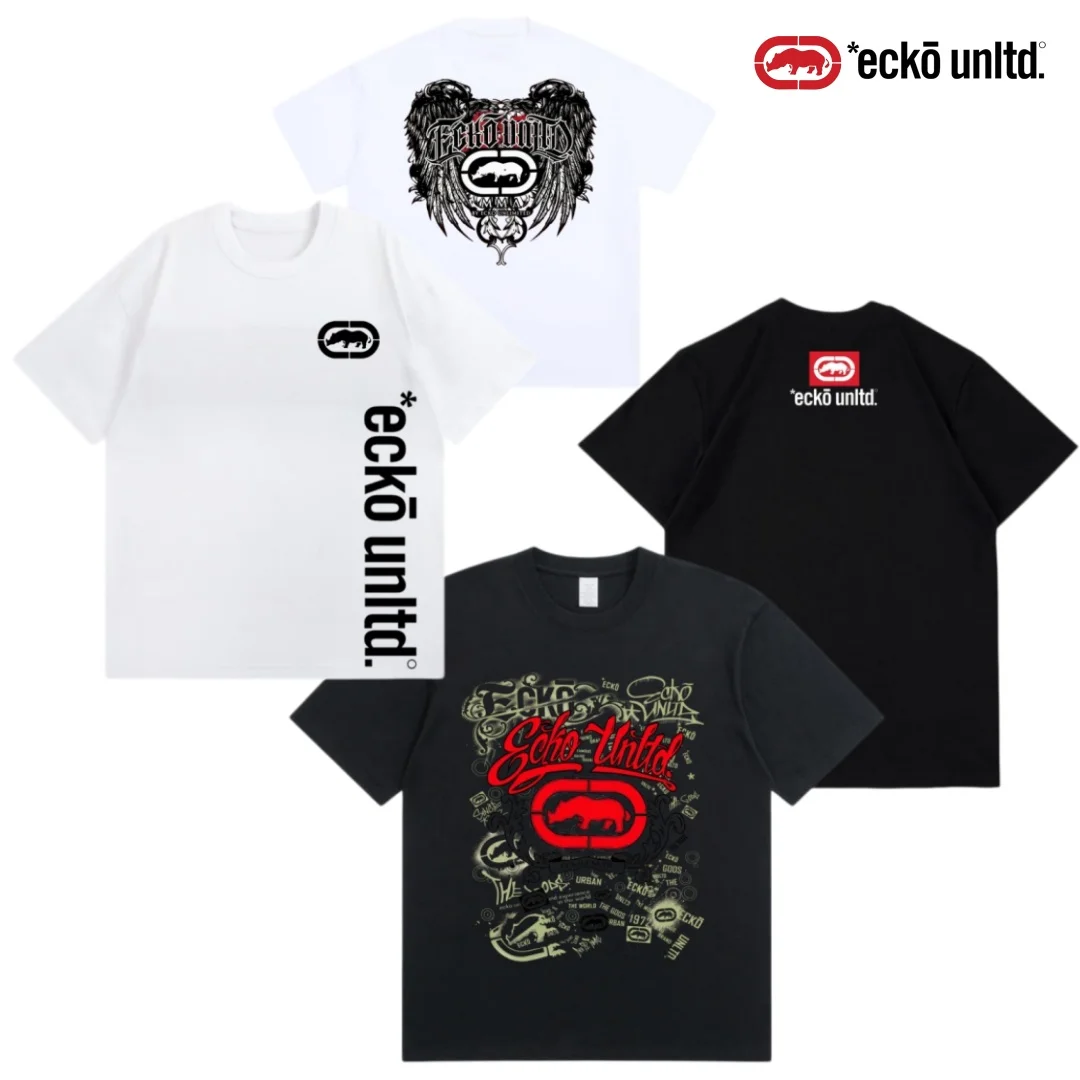 ECKO 2026 American Trendy New Red Rhino Pattern T-shirt, Men's and Women's Street Fashion Pure Cotton Hip Hop Rap Style Pure Cot
