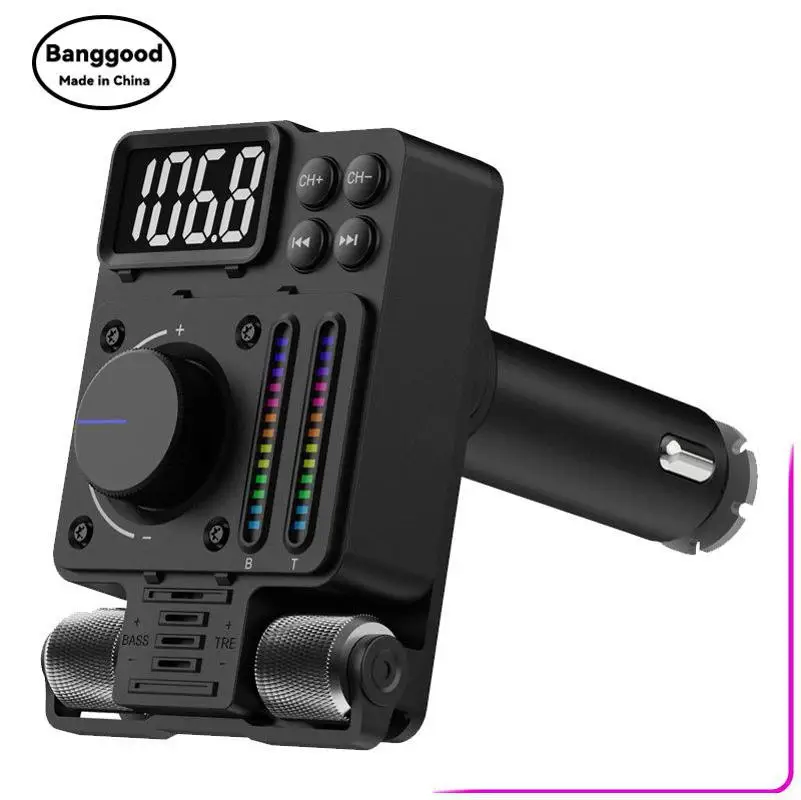 MT01 Car Charger FM Transmitter Bluetooth MP3 Player Adjustable High and Bass Equalization with Ambient Light