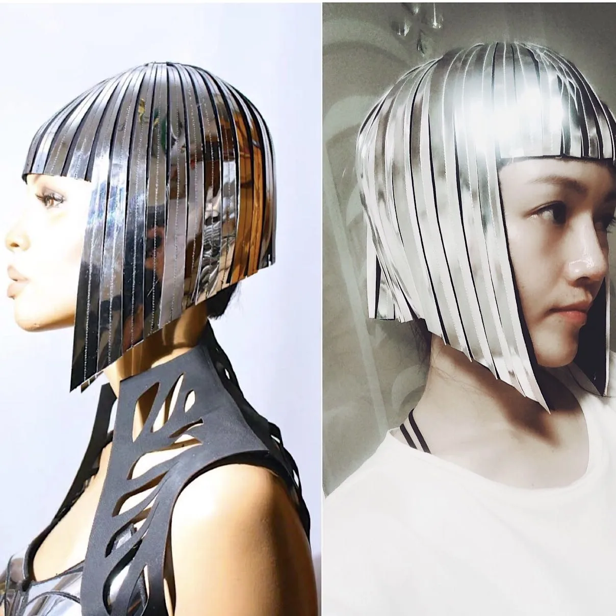 

Show girl costume Luxury Party OutfitLady Gaga Rock Music Festival Space Warrior Women Wig Mirror Sliver Short Hair Nightclub Da