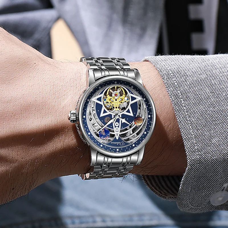 Men Automatic Mechanical Watch Starry Sky Planet Hollow Skeleton Dial Engraved Case Stainless Steel Luxury Male Wristwatch Reloj