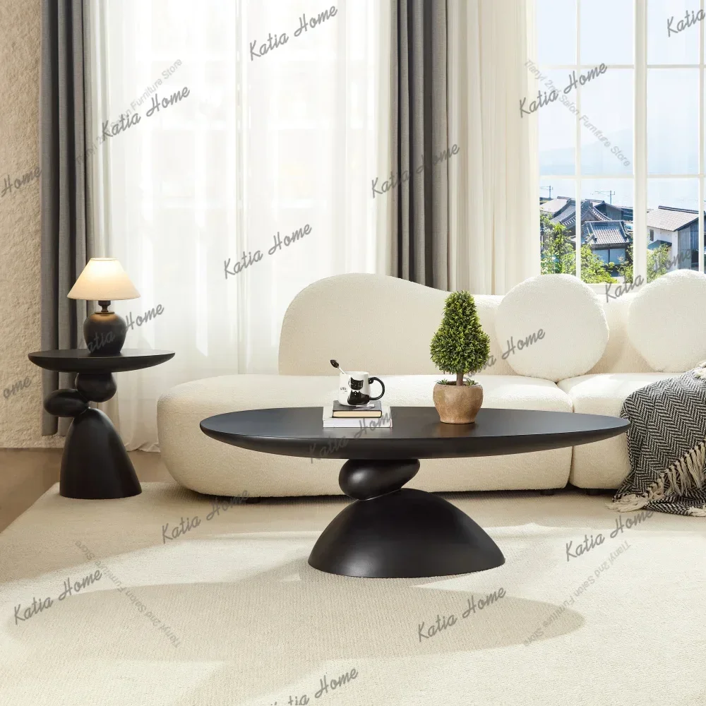 LSLucky Stone-shaped Elliptical Coffee Table Modern Minimalist Glass Fiber Coffee Table Sculptural Base Living Room Coffee Table