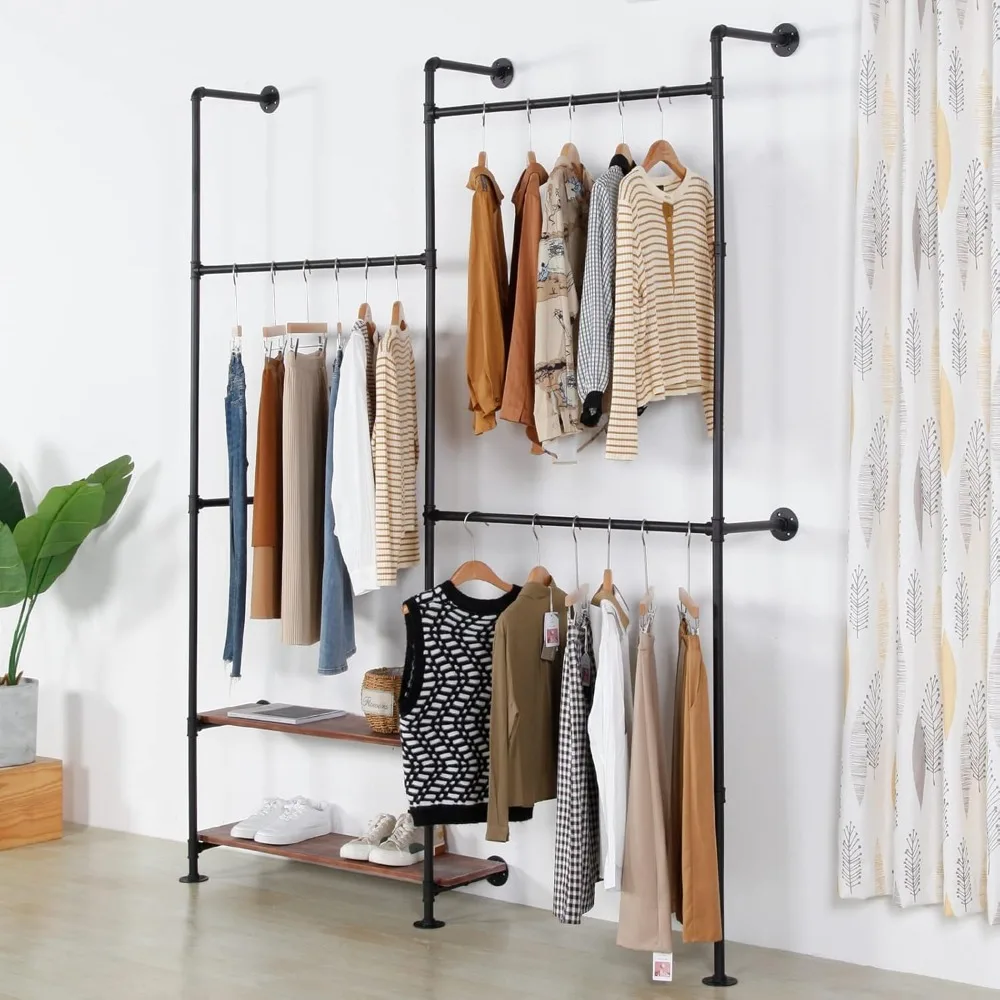 Wall Mounted Industrial Pipe Clothing Rack Wood Garment Rack Hanging Clothes Rack Multi-purpose Heavy Duty Hanging Rod,