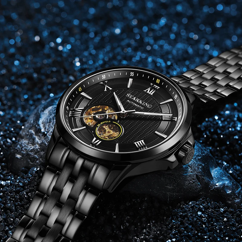 ساعة Starkin g AM0183 للرجال ساعة ميكانيكية سوداء أوتوماتيكية بسيطة مع حركة أصلية من زجاج الياقوت مقاومة للماء