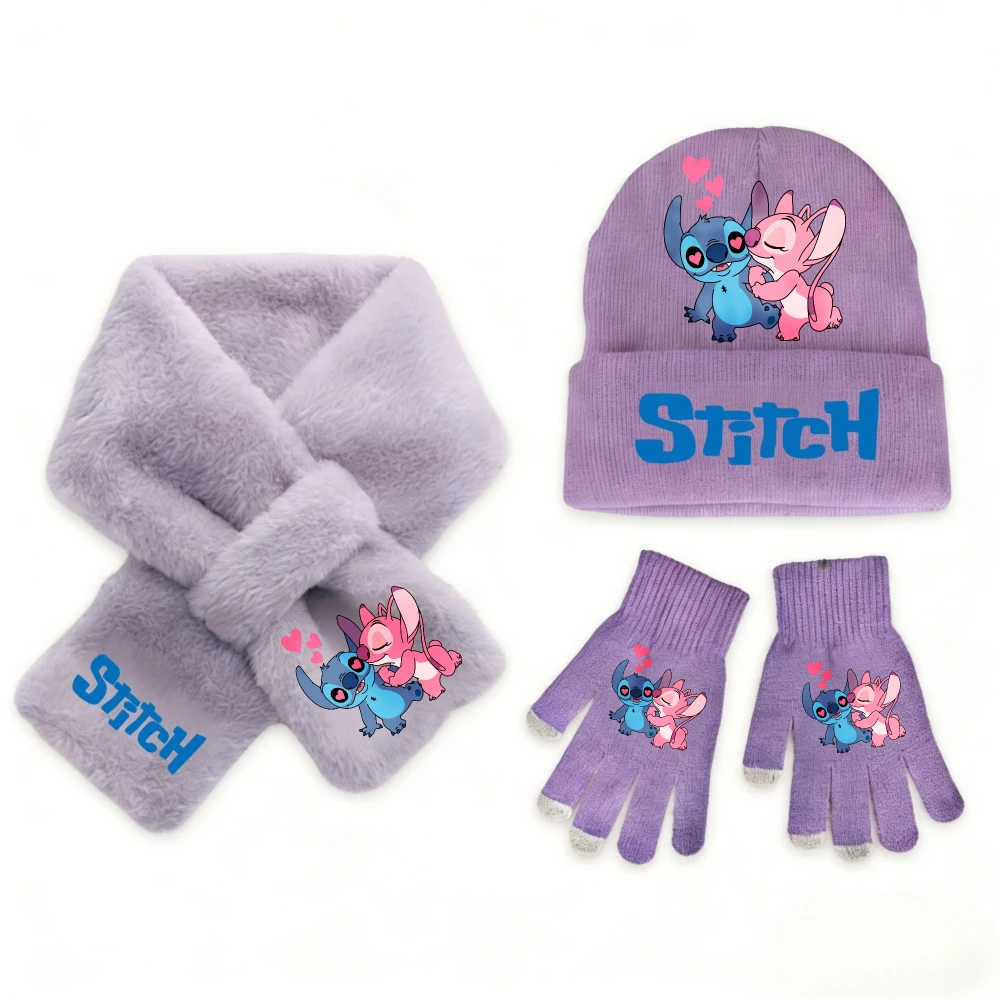 3 個ディズニーステッチファッションカジュアルアクセサリー冬暖かいかわいいニット帽子スカーフグローブセット女の子子供用完璧なクリスマスギフト