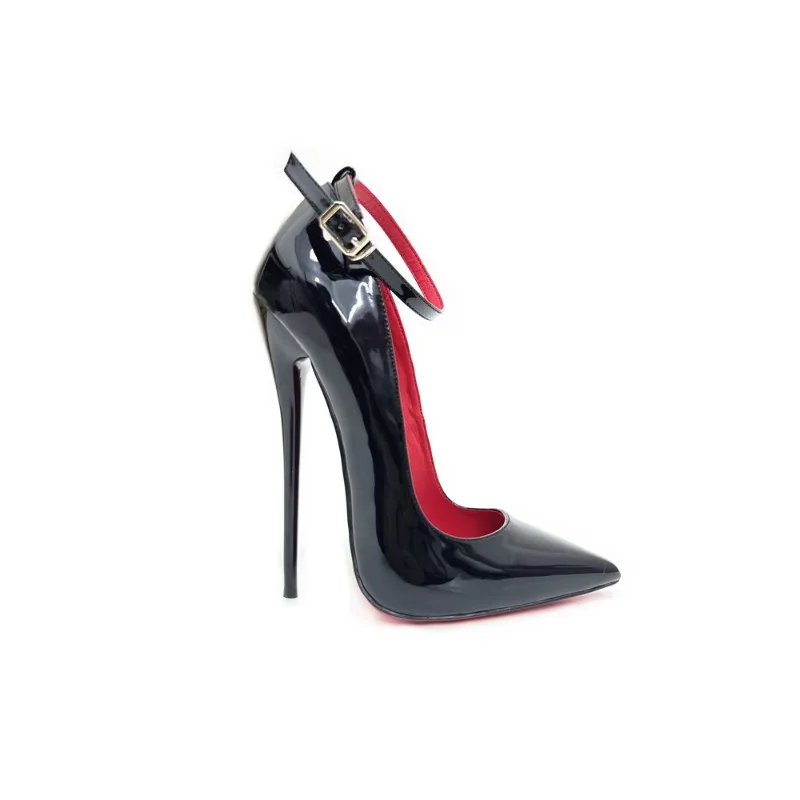 

2025 New One Word Buckle with 12cm Thin Heel Pointed Black Lacquer Red Interior Single Shoe 12cm Sexy Large Women's Shoe
