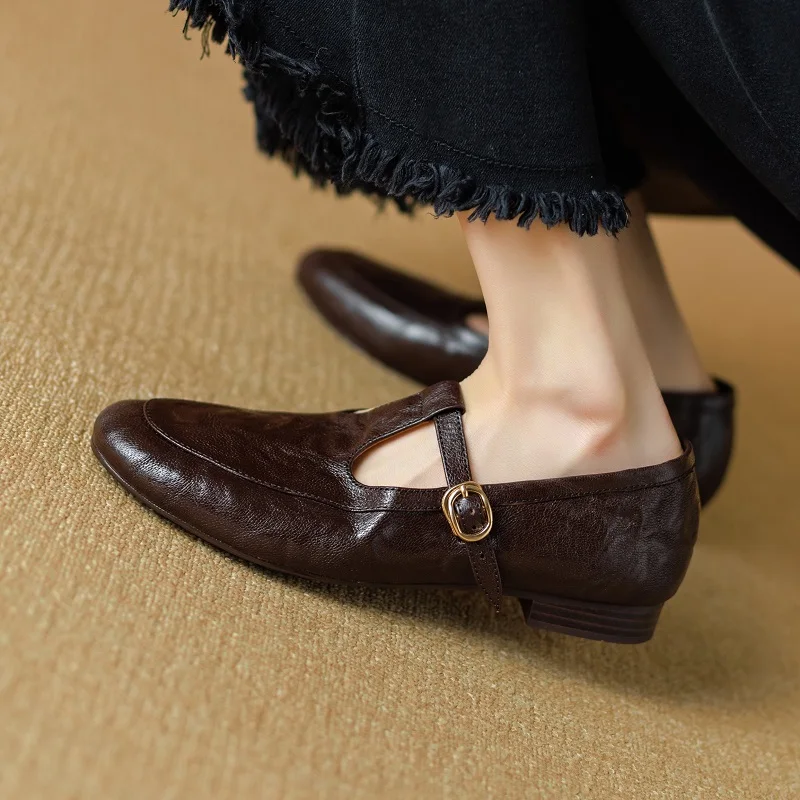 

Women Flats T-Strap Mary Jane Shoes French Style Shoes Woman New Spring Atumn Gennuine Leather Flats Soft Sheepskin Retro Flats