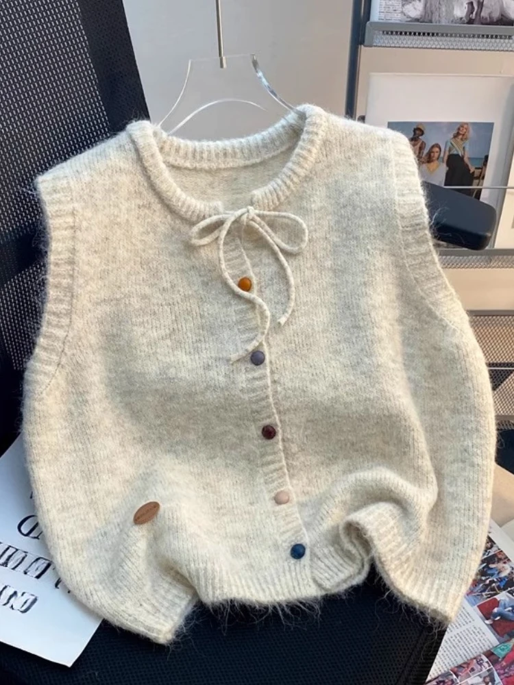 

Korean Fashion Simple Sweater Vest Single Breasted Lace-up Sleeveless All Match Cardigan Casual Loose Knit Tops Women's Clothing