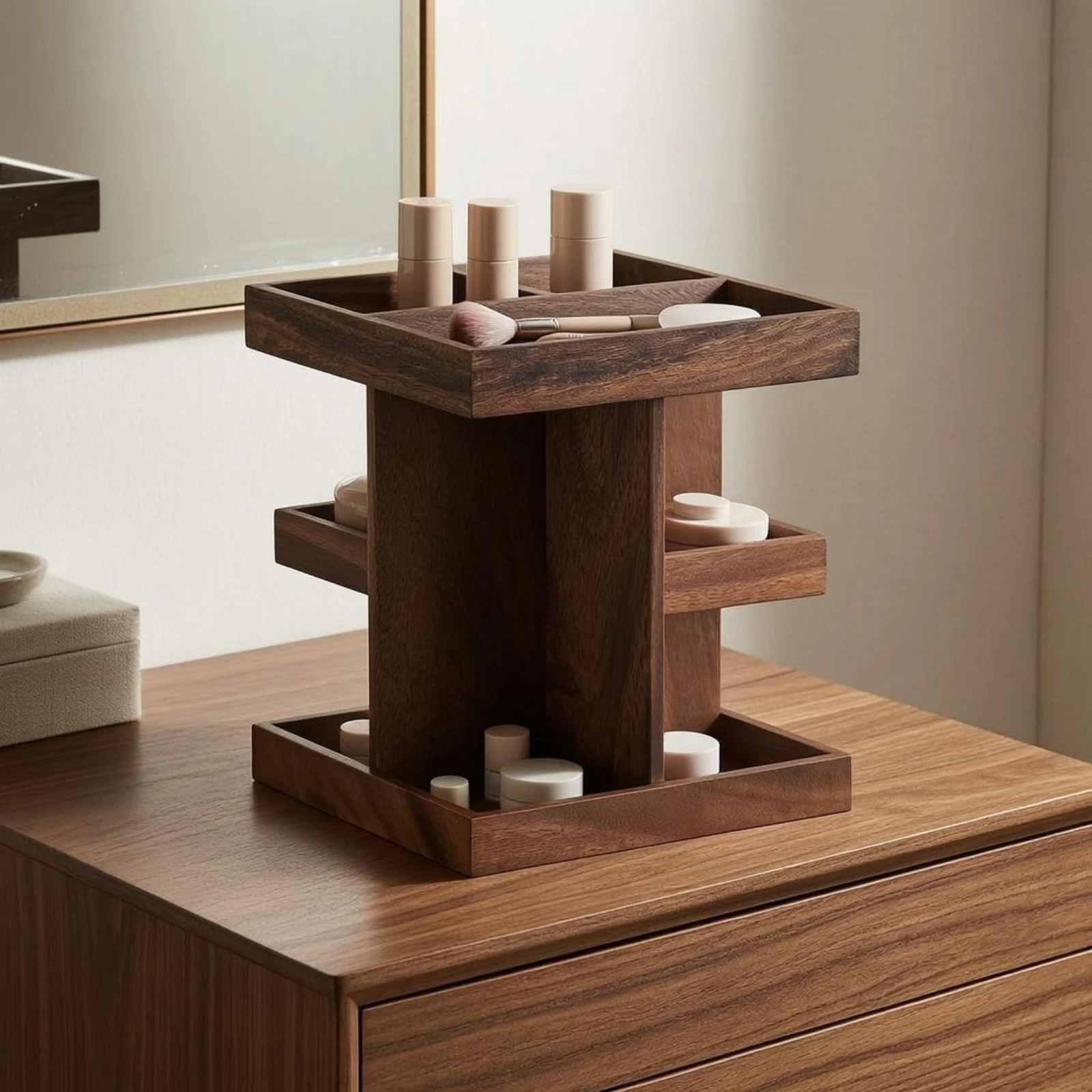 Multi-Compartment Storage Rack Dark Brown Rotating Storage Rack Wood Desk Organizer Uncovered Top Compartment Sorter