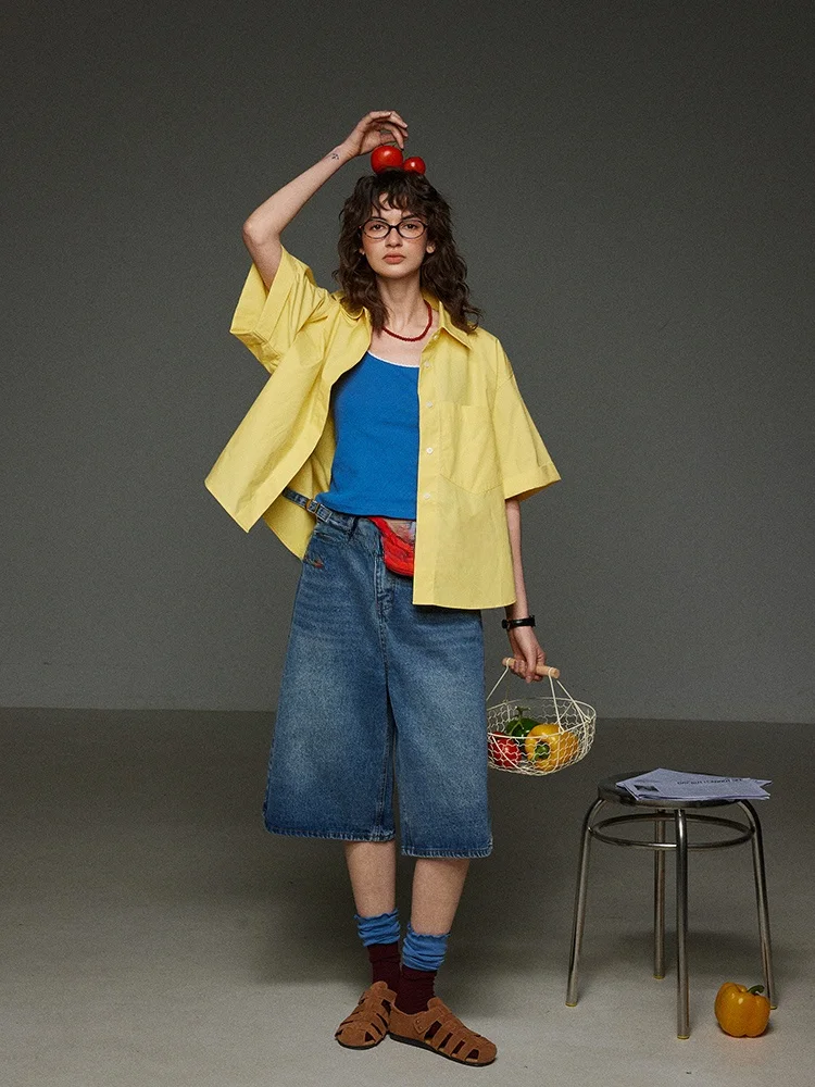 

LITLECOT Yellow Pure Cotton Five-Quarter Sve Retro irt Women's Casual ort Sve irt Summer New Sle Single Button