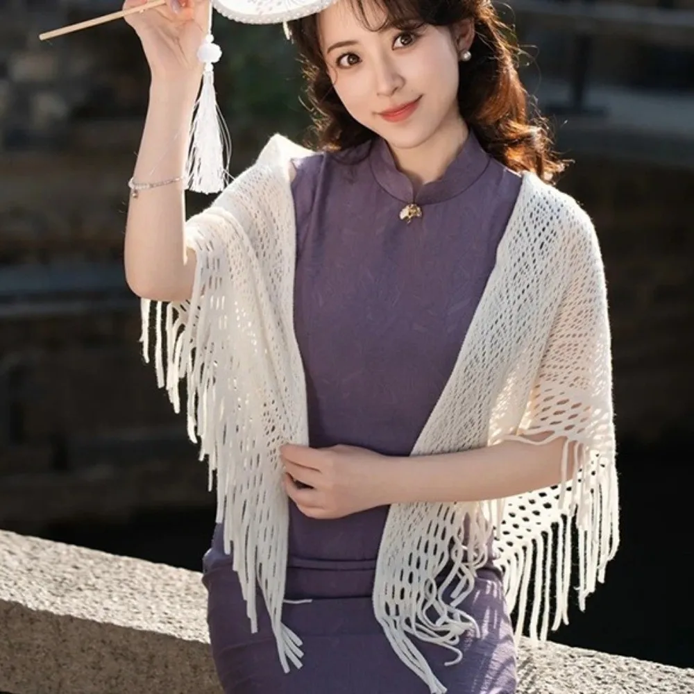 

Creative Solid Color Women's Shawls Hollow Handmade Tassel Scarf Embroidery Floral Fringes Wraps Spring Summer