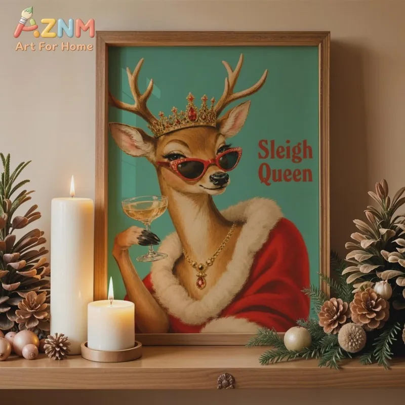 Unframed Canvas Wall Art Sleigh Queen Cool Reindeer with Sunglasses Crown Print Christmas Poster for Xmas Holiday Home Decor