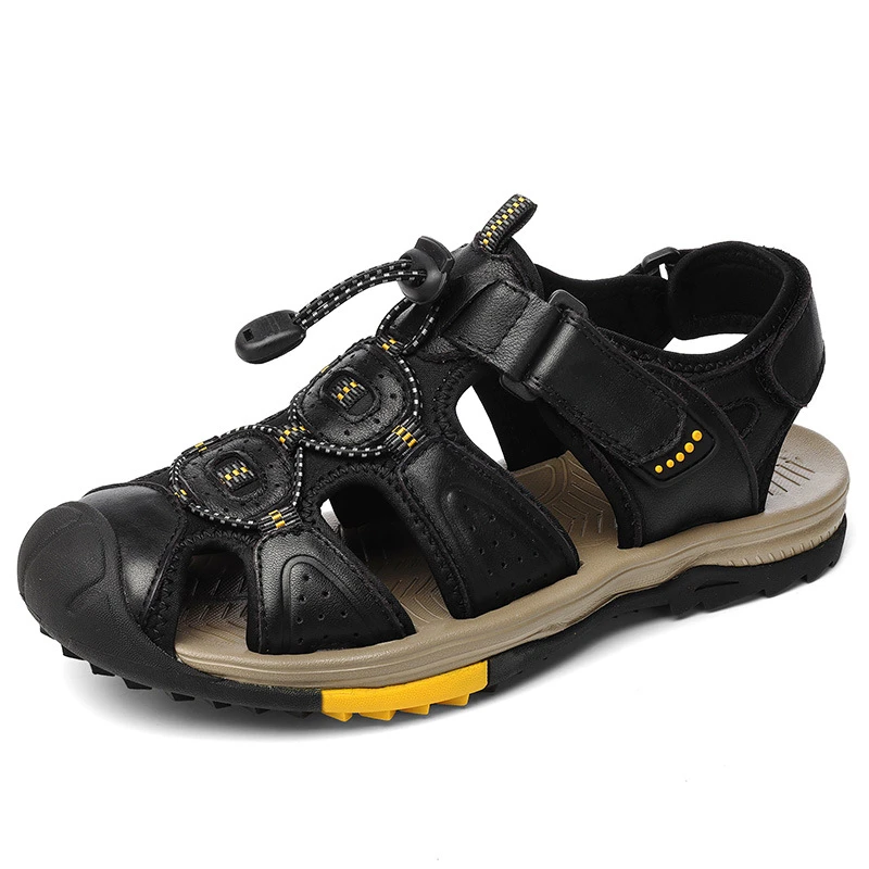 Large Size New Summer Men's Top Layer Cowhide Bag-Toe Casual Outdoor Beach Sandals Comfortable Velcro Non-Slip Breathable - view 3