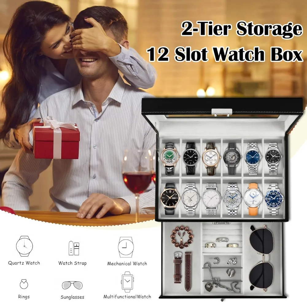 12-Slot PU Leather Watch Box with Glass Lid, 2-Tier Organizer for Men & Women, Black