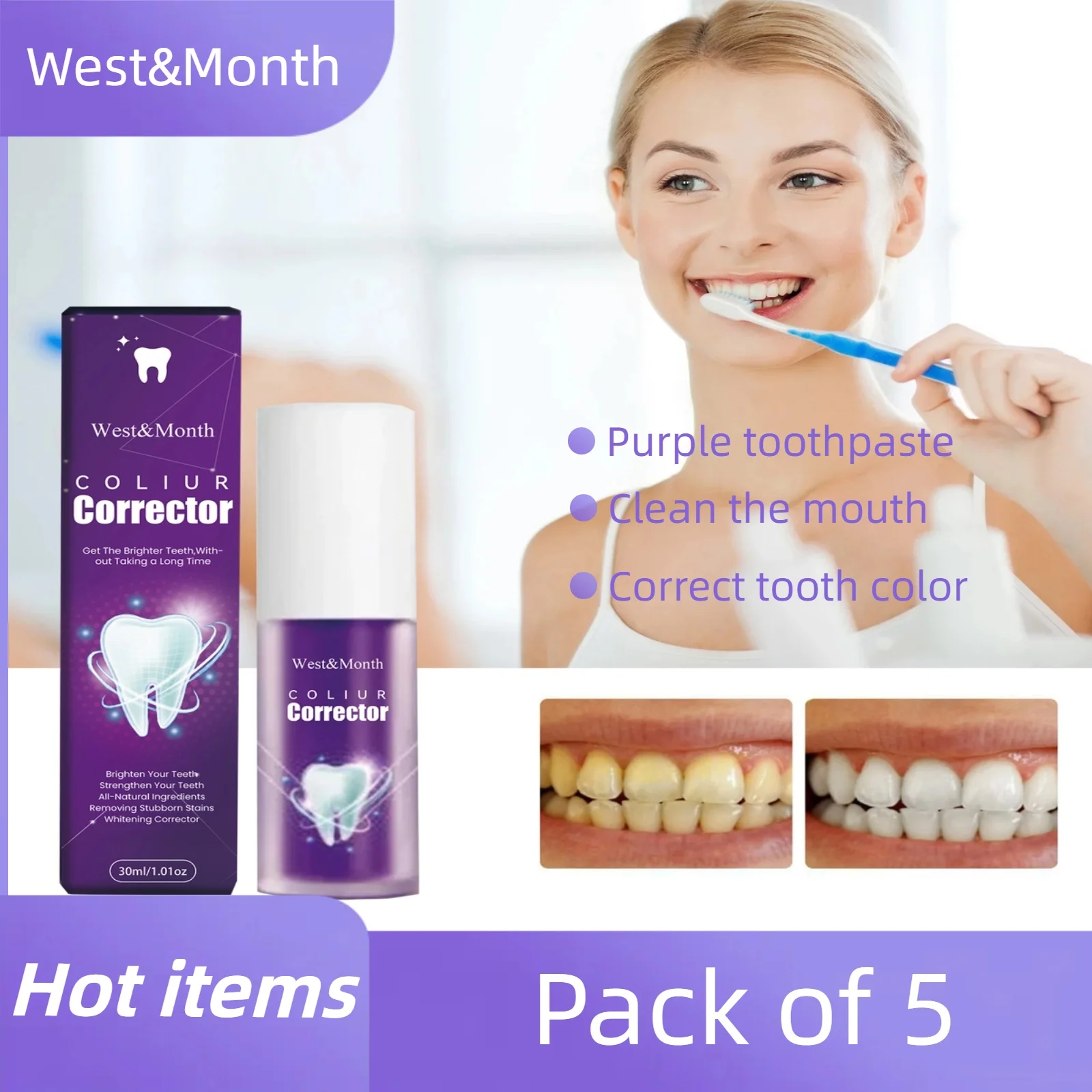 ยาสีฟันสีม่วง 5 ชิ้นช่วยขจัดคราบปูนยาสีฟันสีม่วงแก้ไขสีฟัน ทําความสะอาดและสดชื่นลมหายใจ ลดความเหลือง