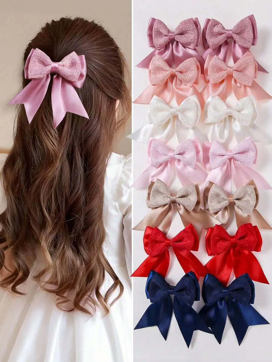 

10pcs Set Women Fabric Lace Bow Hair Clips Satin Ribbon Hair Accessories Daily Use