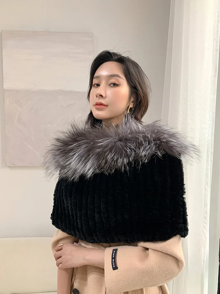 Women Real Rex Rabbit Fur Scarf Fox Fur Brim Cape Winter Warm Shawl Wraps Black For Party Dinner