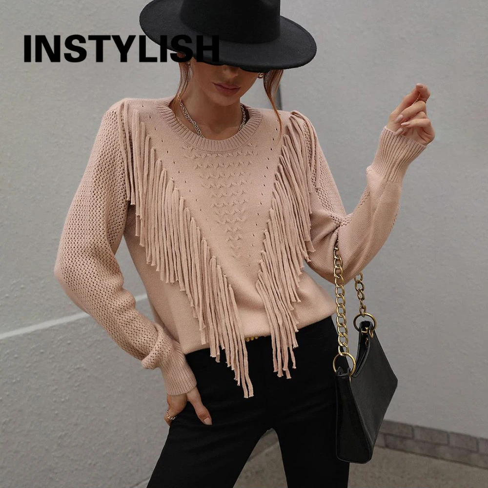 Autumn Tassel Knit Sweater Women Hollow Out Long Sleeve O Neck Loose Pullover Vintage Harajuku Oversized Jumper Streetwear Tops