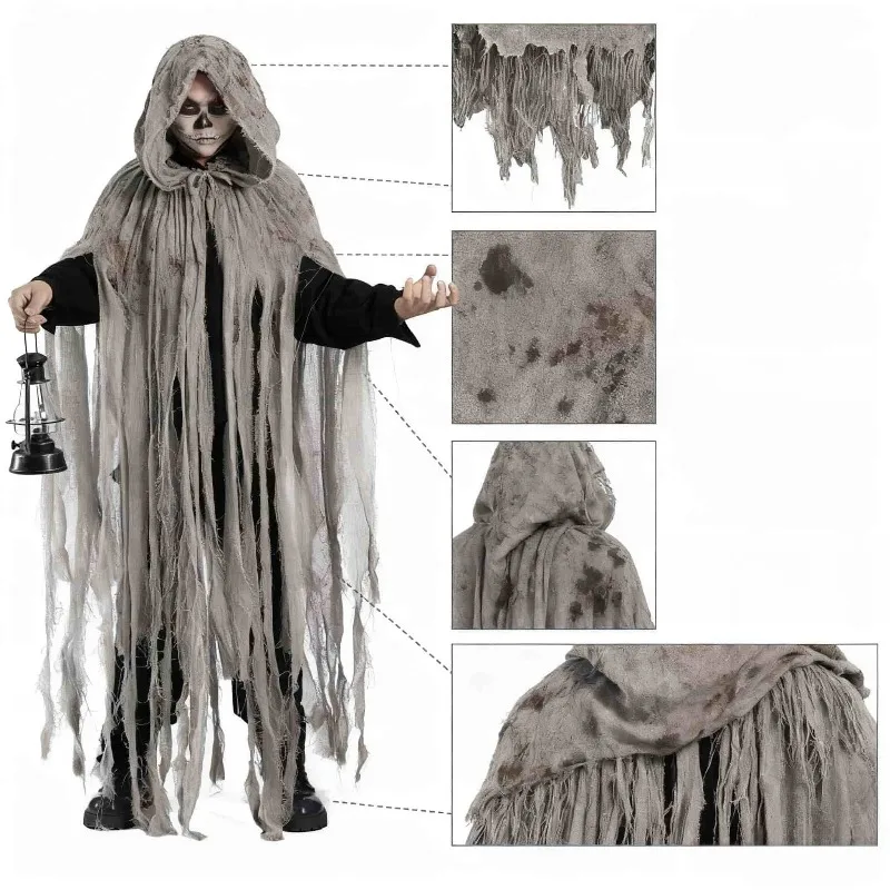 Набор разноцветных пошарпаных плащей с капюшонами и измельченными краями, окрашенные белые жуткие и реалистичные костюмы на Хэллоуин