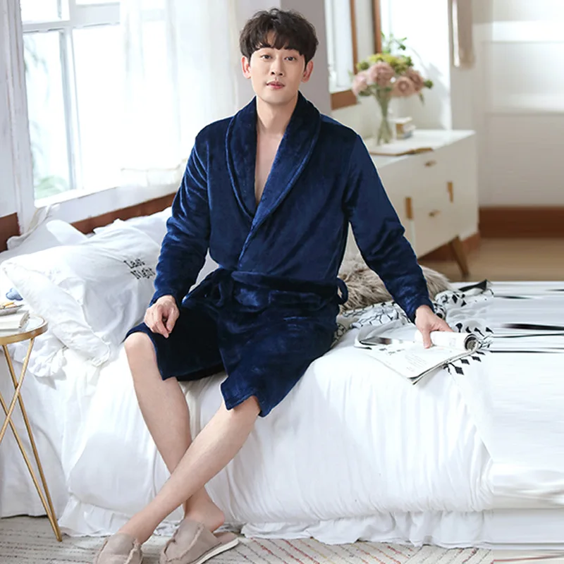 Sleepwear Coral Velvet Bathrobe  Fleece Thickened Flannel Nightwear Long Autumn Winter Cosy Thermal Pajamas Both Men Women