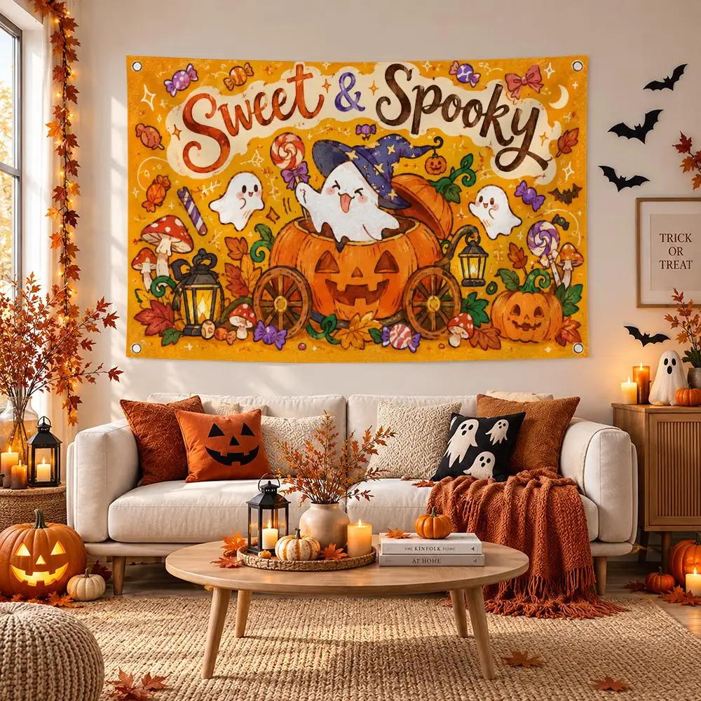 Pattern Watercolor Hand Drawn Pumpkin Ghost Halloween Flags Halloween Theme Decor Banner Indoor Outdoor Wall Hanging Flag