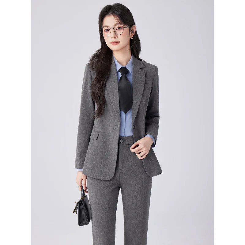 Elegant gray suit set for petite women, suitable for workplace, college students, formal interviews, and commuting