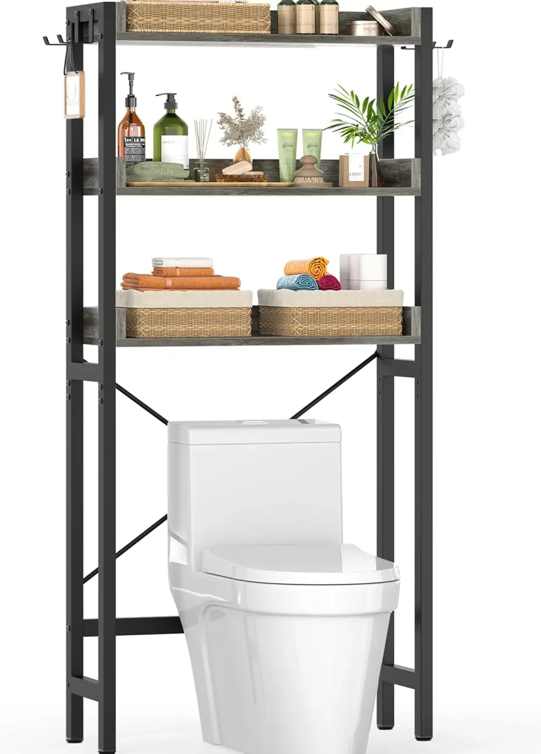 

3-Tier Over-The-Toilet Storage Rack, Freestanding Bathroom Organizer Shelf with 4 Hooks, Space Saver Toilet Stand - Grey