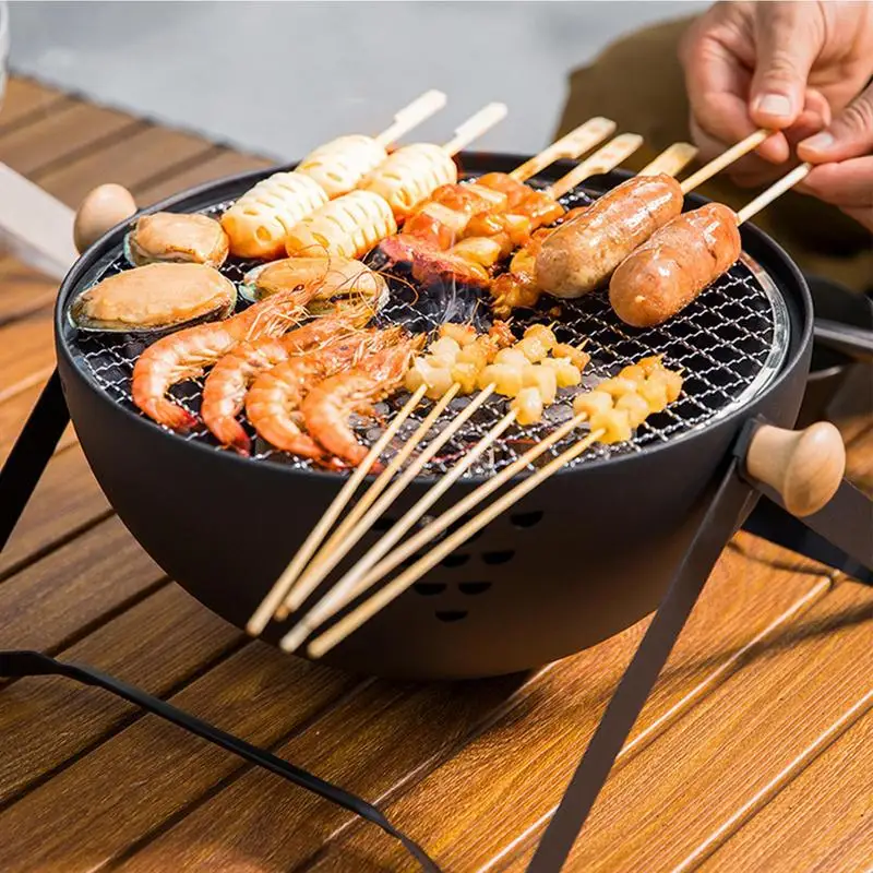 

Camping Charcoal BBQ Grill Round Folding Barbecue Grill With Stand Portable Picnic Tea Making Charcoal Stove BBQ Oven For Camp