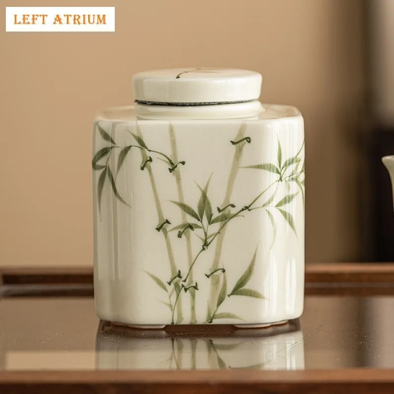 

Hand Painted Bamboo Yellow Portable Tea Box Organizer Teaware Tea Container Can Jar Storage Ceramic Chinese Tea Caddy