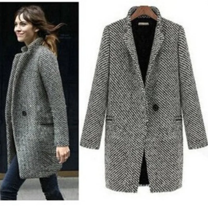 

Autumn Winter Plaid Women Woolen Jacket Single Button Long Sleeve Lady Outwear Coat Coat Slim Fit Women Woolen Plaid