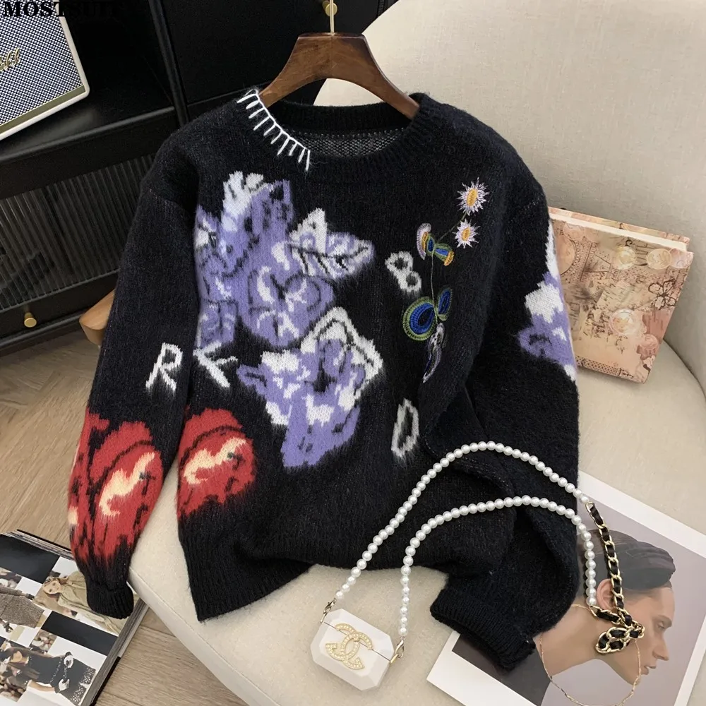 Flower Jacquard Elegant Vintage Sweater Women Pullover Tops 2024 Spring Long Sleeve O-neck Loose Fashion Ladies Jumpers Knitwear