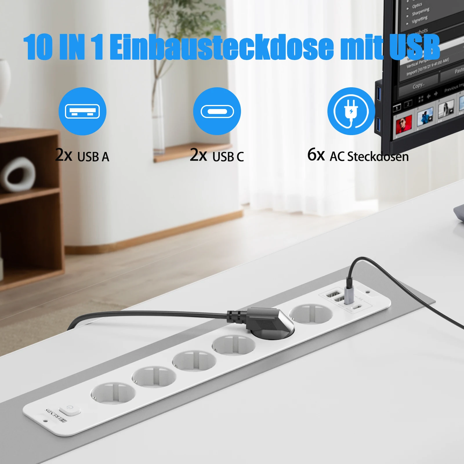6-way European plugs Power Strip Desktop Built in Socket with 2m cable, Multiple Electric Outlet USB Fast Charge for home