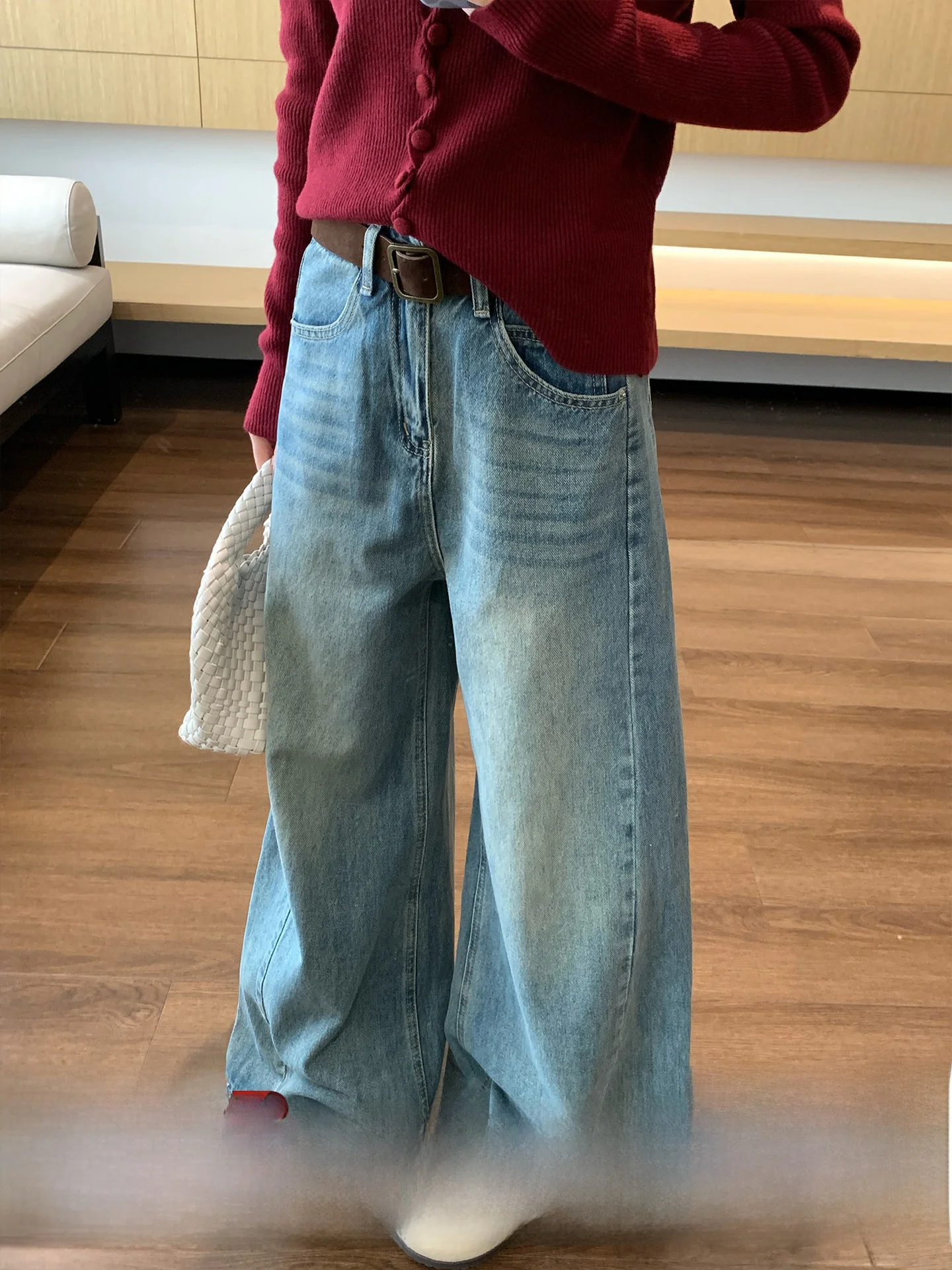 

Винтажные синие джинсовые брюки Morning Bloom с высокой талией и широкими штанинами длиной до пола, прямой крой, женские осенние брюки