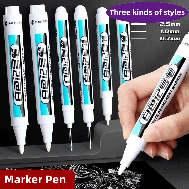 3Pcs/Set For Metal Long Head Marker Pens Oily Waterproof Plastic Large Capacity White Marker Pen Stationery 0.7/1.0/2.5mm